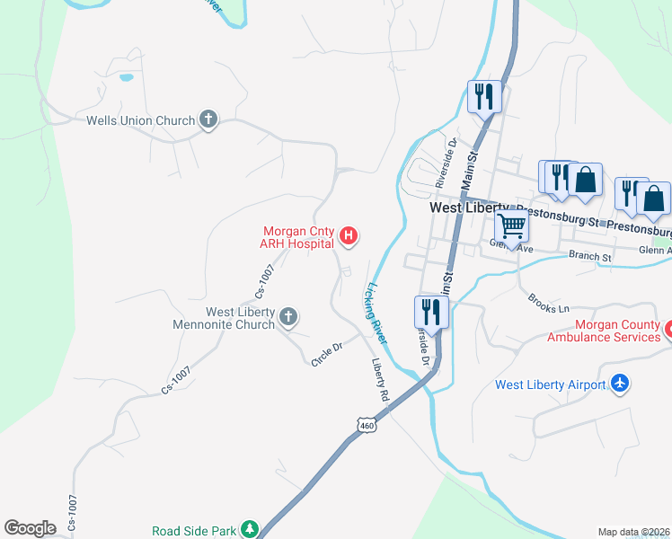 map of restaurants, bars, coffee shops, grocery stores, and more near 419 Liberty Road in West Liberty
