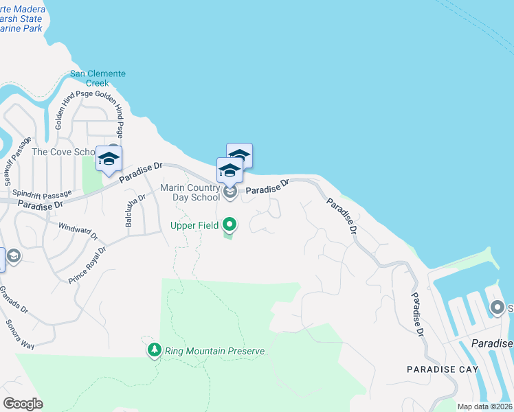 map of restaurants, bars, coffee shops, grocery stores, and more near 350 Robin Drive in Corte Madera