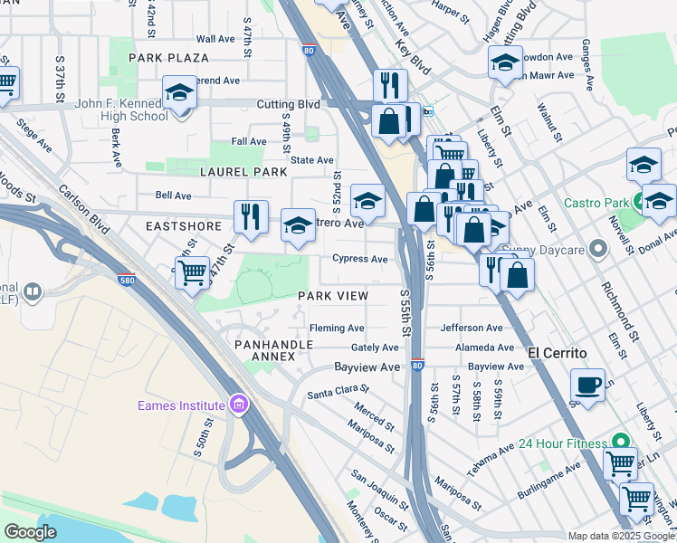 map of restaurants, bars, coffee shops, grocery stores, and more near 5127 Creely Avenue in Richmond