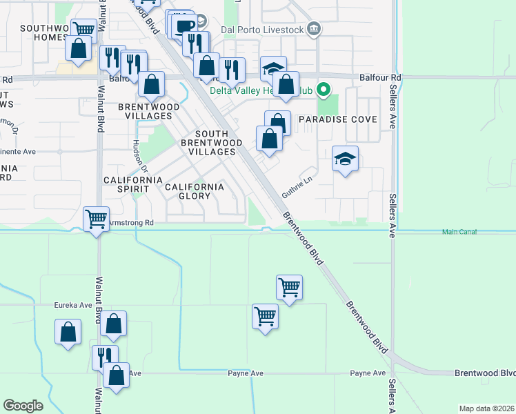 map of restaurants, bars, coffee shops, grocery stores, and more near in Brentwood