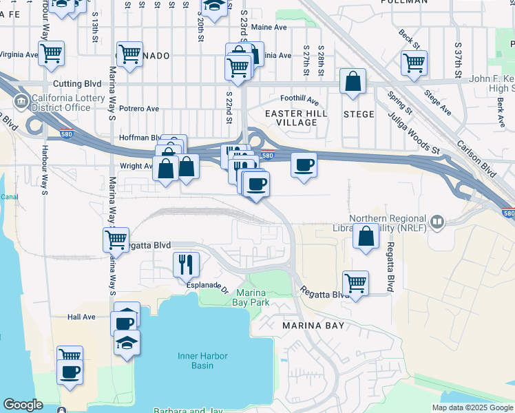 map of restaurants, bars, coffee shops, grocery stores, and more near 1501 Jetty Drive in Richmond