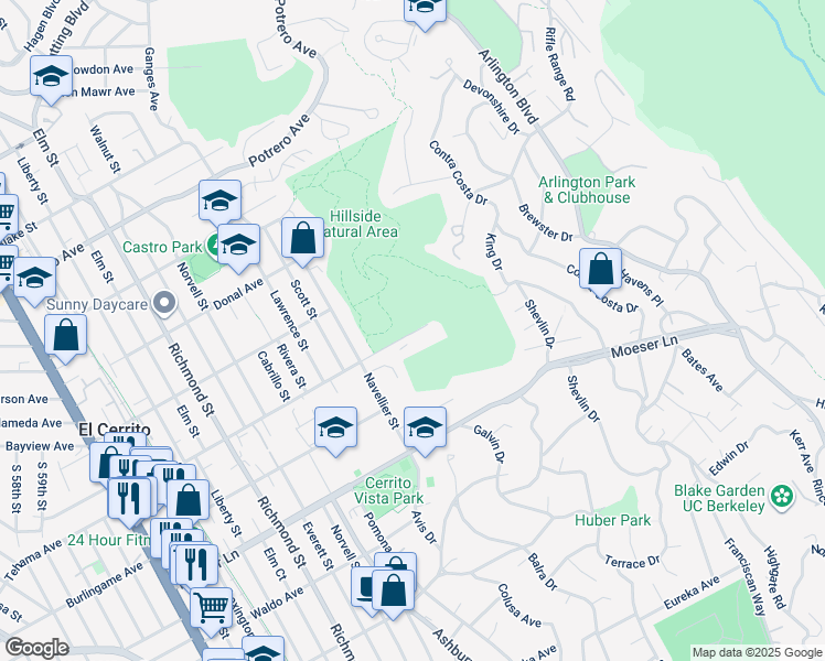 map of restaurants, bars, coffee shops, grocery stores, and more near 7501 Schmidt Lane in El Cerrito
