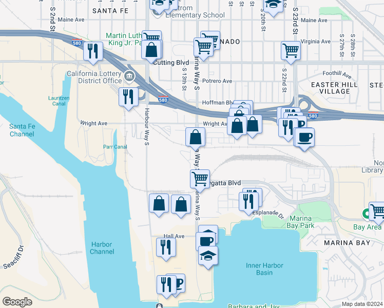 map of restaurants, bars, coffee shops, grocery stores, and more near 921 Marina Way South in Richmond