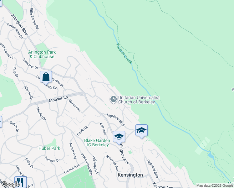 map of restaurants, bars, coffee shops, grocery stores, and more near 7 Kensington Road in Berkeley