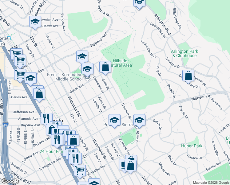 map of restaurants, bars, coffee shops, grocery stores, and more near 1221 Scott Street in El Cerrito
