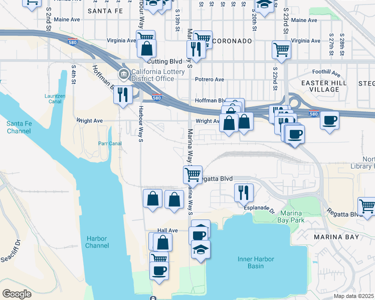 map of restaurants, bars, coffee shops, grocery stores, and more near 921 Marina Way South in Richmond