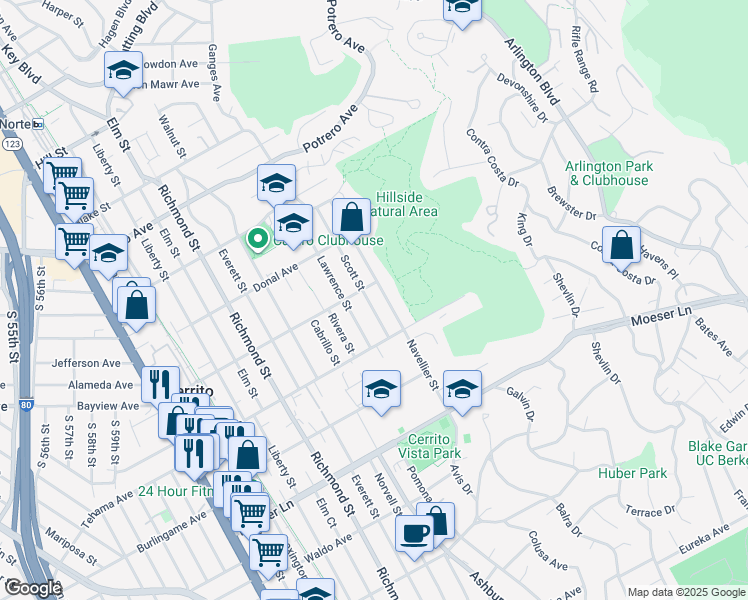 map of restaurants, bars, coffee shops, grocery stores, and more near 1221 Scott Street in El Cerrito