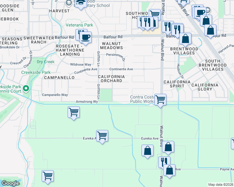 map of restaurants, bars, coffee shops, grocery stores, and more near 597 Flowering Plum Place in Brentwood