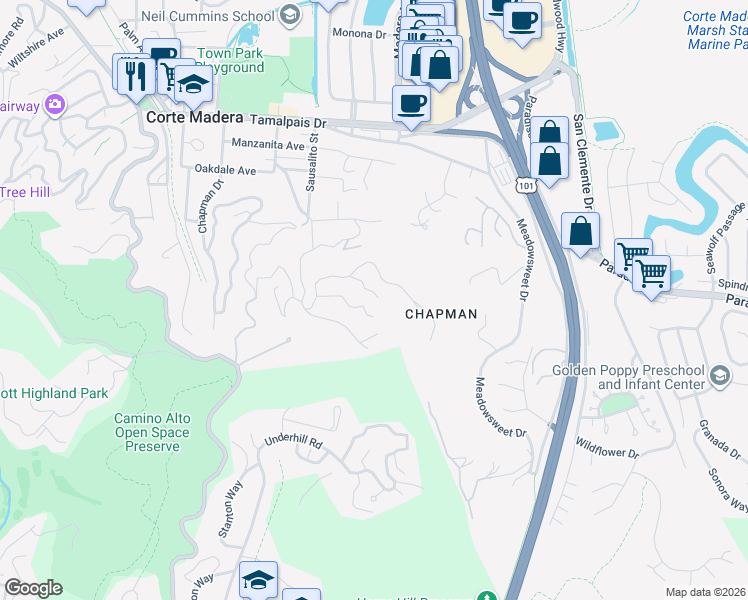 map of restaurants, bars, coffee shops, grocery stores, and more near 8 Pleasant Avenue in Corte Madera