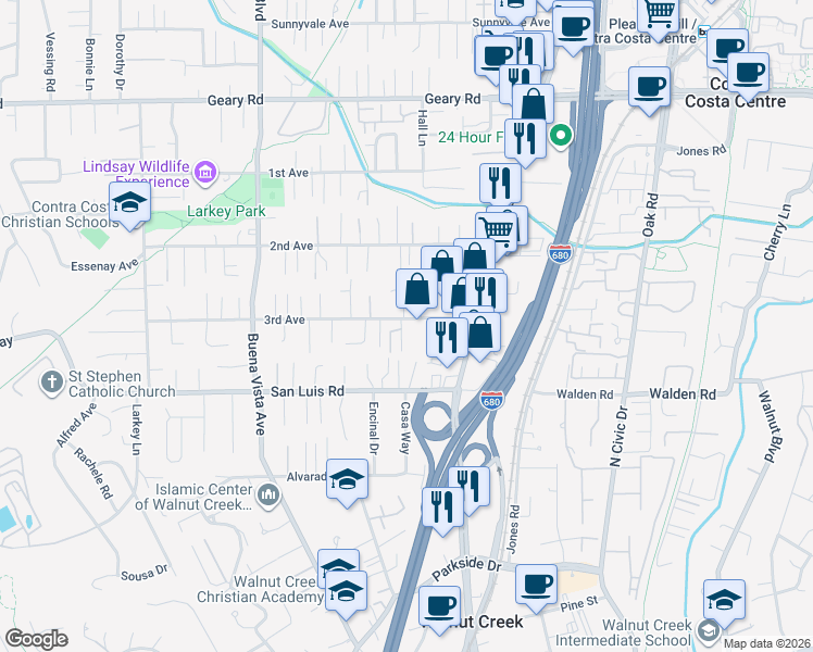 map of restaurants, bars, coffee shops, grocery stores, and more near 1591 3rd Avenue in Walnut Creek