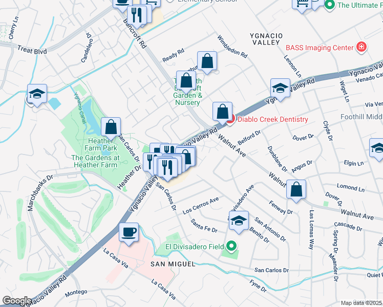 map of restaurants, bars, coffee shops, grocery stores, and more near 1919 Ygnacio Valley Road in Walnut Creek