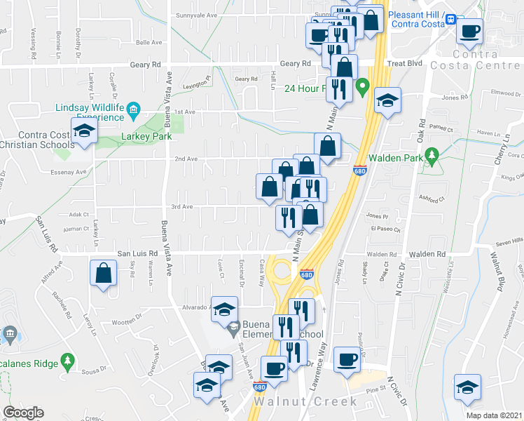 map of restaurants, bars, coffee shops, grocery stores, and more near 1625 Montin Court in Walnut Creek