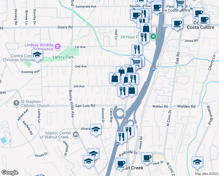 map of restaurants, bars, coffee shops, grocery stores, and more near 1625 Montin Court in Walnut Creek