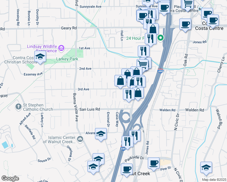 map of restaurants, bars, coffee shops, grocery stores, and more near 1625 Montin Court in Walnut Creek