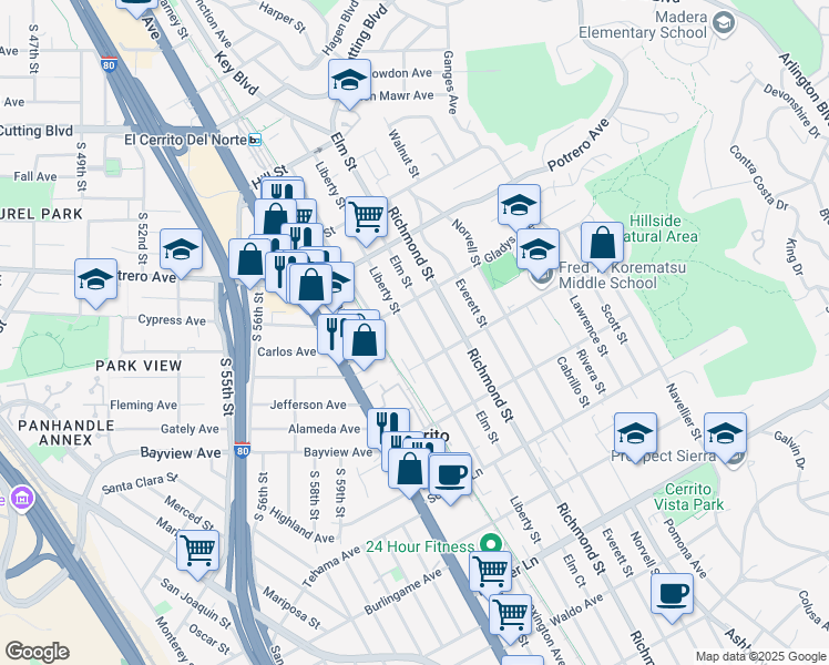map of restaurants, bars, coffee shops, grocery stores, and more near in El Cerrito