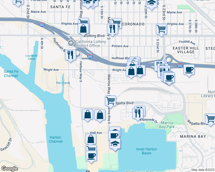 map of restaurants, bars, coffee shops, grocery stores, and more near 1200 Wright Avenue in Richmond