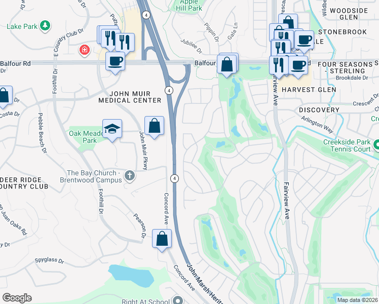 map of restaurants, bars, coffee shops, grocery stores, and more near 285 Black Amber Way in Brentwood