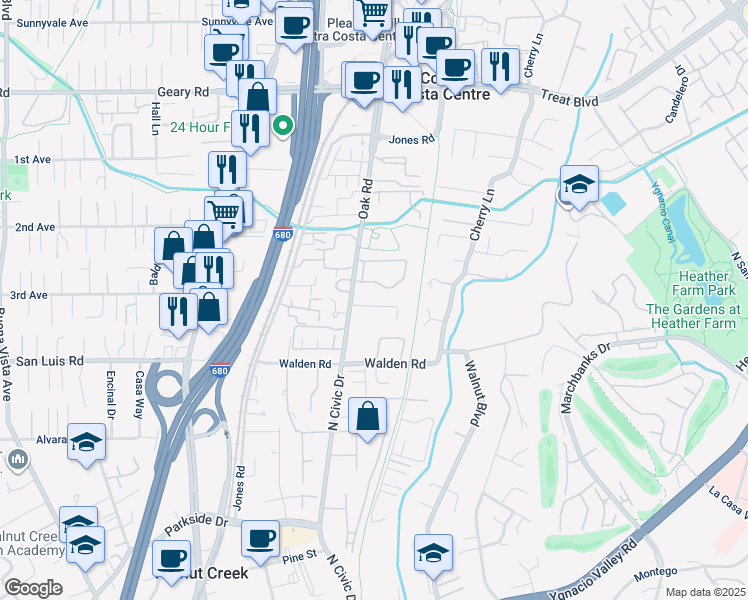 map of restaurants, bars, coffee shops, grocery stores, and more near 24 Kingston Place in Walnut Creek