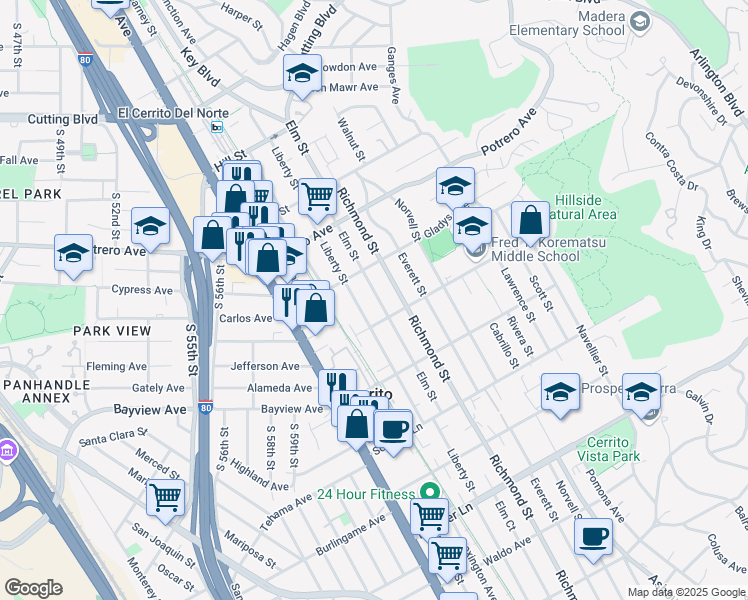 map of restaurants, bars, coffee shops, grocery stores, and more near 1421 Elm Street in El Cerrito