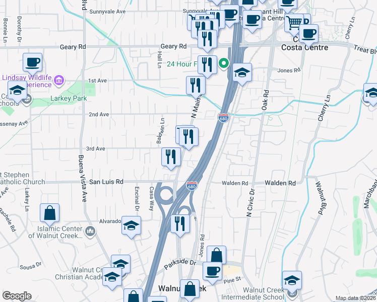 map of restaurants, bars, coffee shops, grocery stores, and more near 2590 North Main Street in Walnut Creek