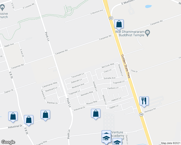 map of restaurants, bars, coffee shops, grocery stores, and more near Kimball Lane & Tecumseh Lane in Stockton