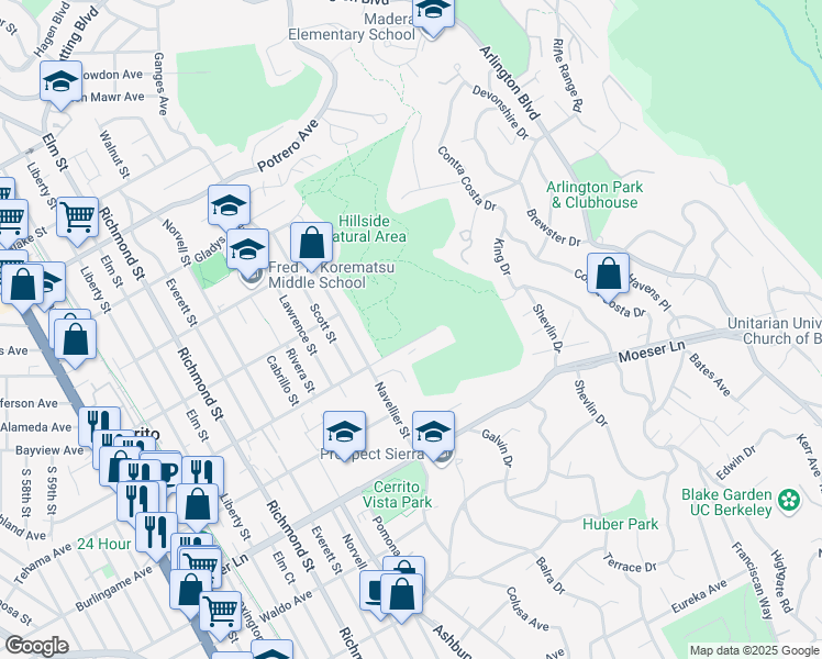 map of restaurants, bars, coffee shops, grocery stores, and more near 7501 Schmidt Lane in El Cerrito