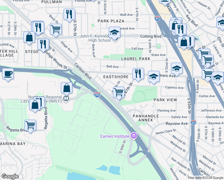 map of restaurants, bars, coffee shops, grocery stores, and more near 939 South 45th Street in Richmond
