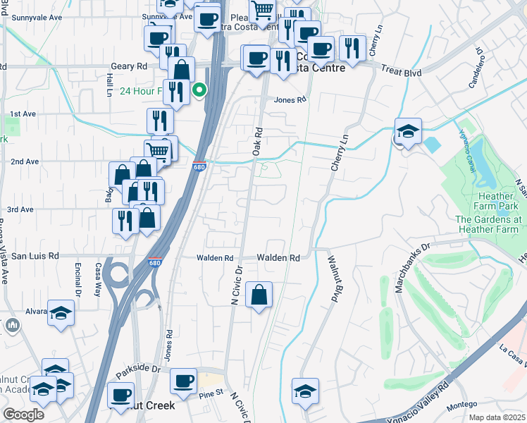 map of restaurants, bars, coffee shops, grocery stores, and more near 24 Kingston Place in Walnut Creek