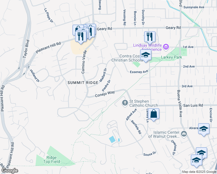 map of restaurants, bars, coffee shops, grocery stores, and more near 1430 Piedra Drive in Walnut Creek