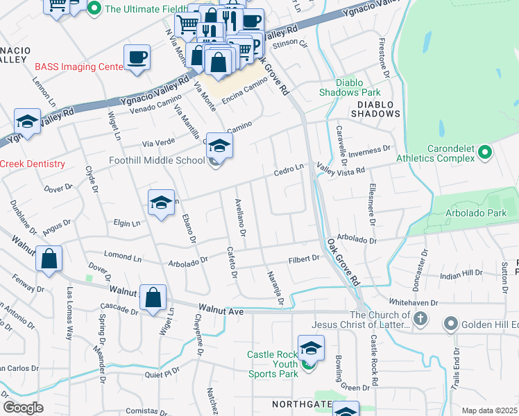 map of restaurants, bars, coffee shops, grocery stores, and more near 3042 Naranja Drive in Walnut Creek