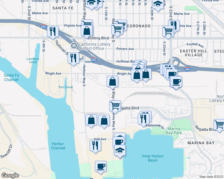 map of restaurants, bars, coffee shops, grocery stores, and more near 1200 Wright Avenue in Richmond