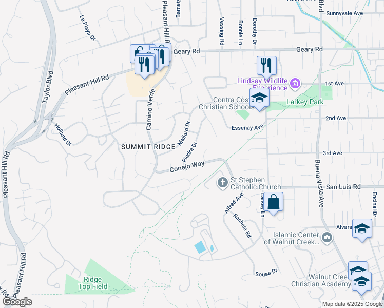 map of restaurants, bars, coffee shops, grocery stores, and more near 1430 Piedra Drive in Walnut Creek
