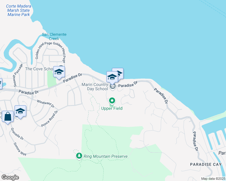 map of restaurants, bars, coffee shops, grocery stores, and more near 5221 Paradise Drive in Corte Madera