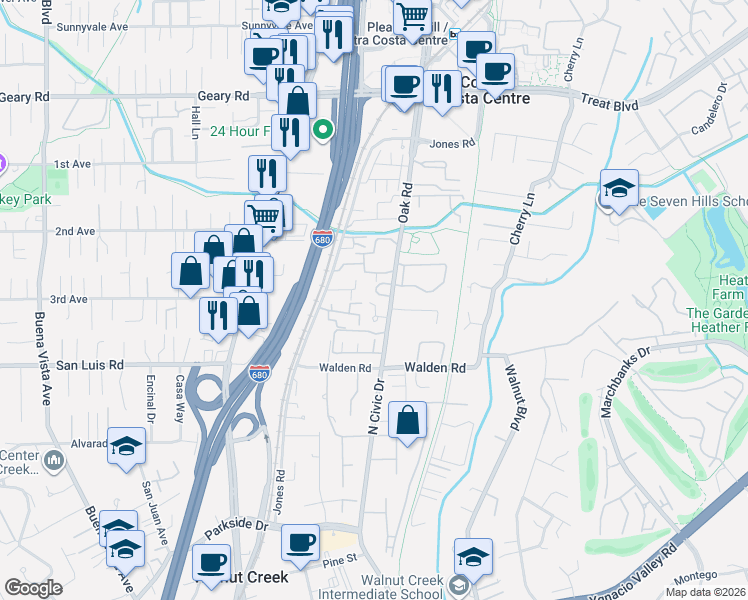 map of restaurants, bars, coffee shops, grocery stores, and more near 215 Charter Oak Circle in Walnut Creek