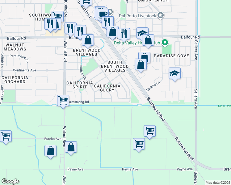map of restaurants, bars, coffee shops, grocery stores, and more near 3033 Mills Drive in Brentwood