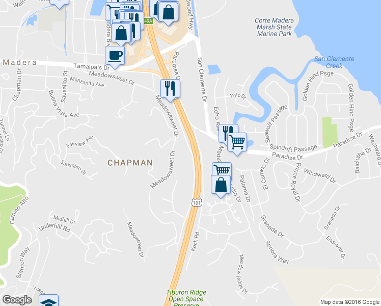 map of restaurants, bars, coffee shops, grocery stores, and more near 1511 Casa Buena Drive in Corte Madera