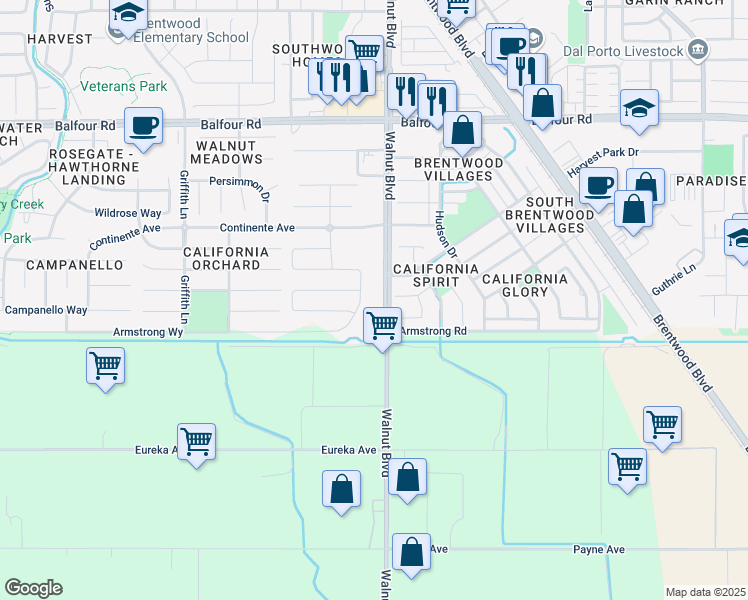 map of restaurants, bars, coffee shops, grocery stores, and more near 3101 Walnut Boulevard in Brentwood