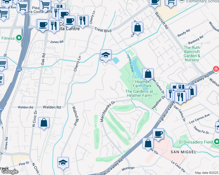 map of restaurants, bars, coffee shops, grocery stores, and more near 553 Allegheny Drive in Walnut Creek