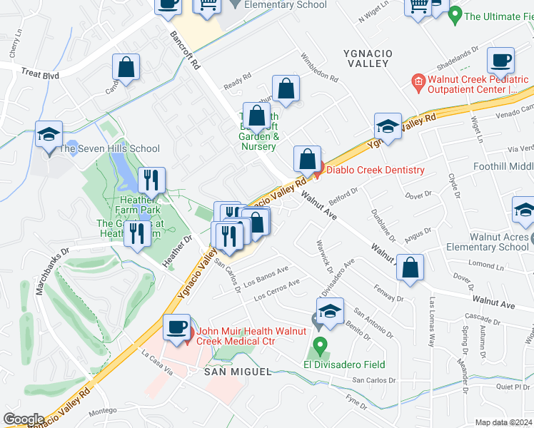 map of restaurants, bars, coffee shops, grocery stores, and more near 1919 Ygnacio Valley Road in Walnut Creek