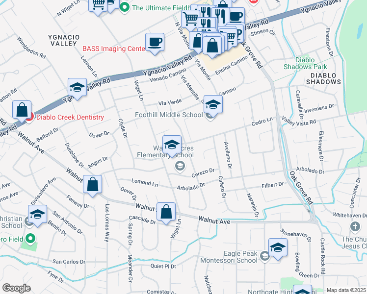 map of restaurants, bars, coffee shops, grocery stores, and more near 3042 Ebano Drive in Walnut Creek