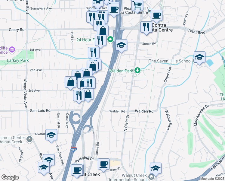 map of restaurants, bars, coffee shops, grocery stores, and more near in Walnut Creek