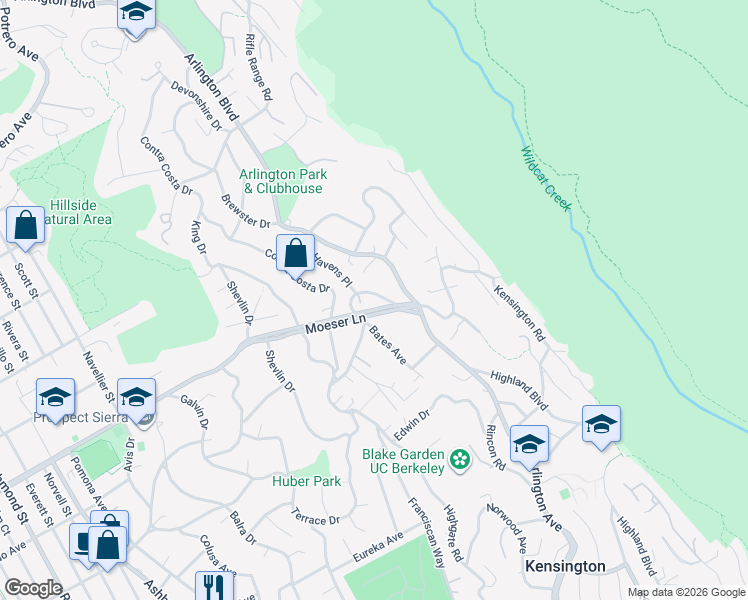 map of restaurants, bars, coffee shops, grocery stores, and more near 8530 Terrace Drive in El Cerrito