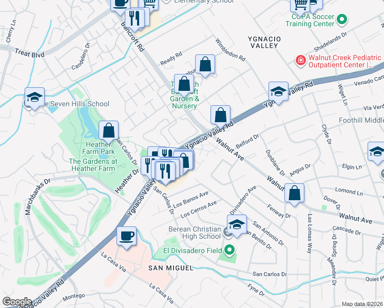 map of restaurants, bars, coffee shops, grocery stores, and more near 1942 Desert Circle in Walnut Creek