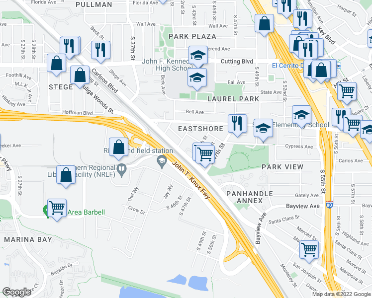 map of restaurants, bars, coffee shops, grocery stores, and more near 4320 Sycamore Avenue in Richmond