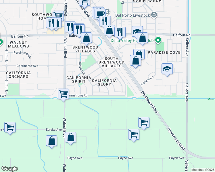 map of restaurants, bars, coffee shops, grocery stores, and more near 3036 Carey Lane in Brentwood