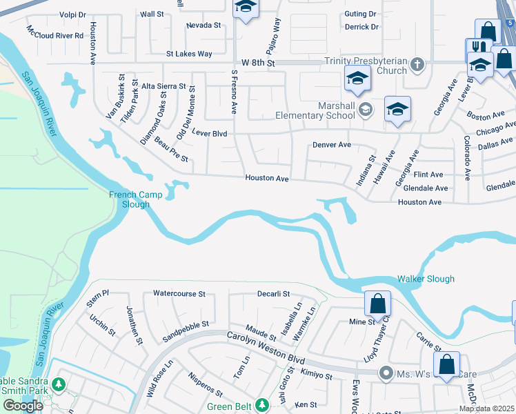 map of restaurants, bars, coffee shops, grocery stores, and more near East San Joaquin Rvr Levee Road in Stockton