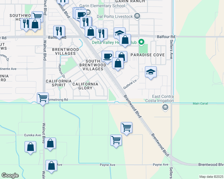 map of restaurants, bars, coffee shops, grocery stores, and more near 365 Baja Court in Brentwood