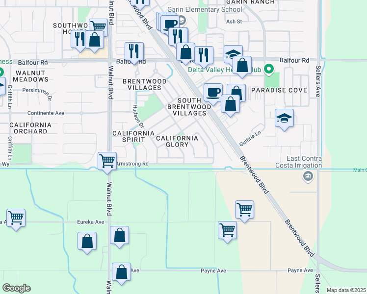map of restaurants, bars, coffee shops, grocery stores, and more near 3036 Carey Lane in Brentwood