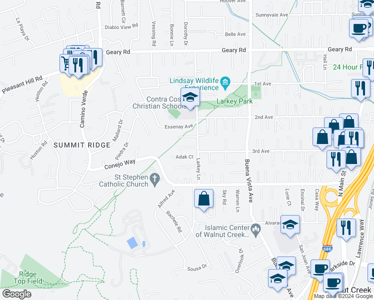 map of restaurants, bars, coffee shops, grocery stores, and more near 13 Swan Court in Walnut Creek