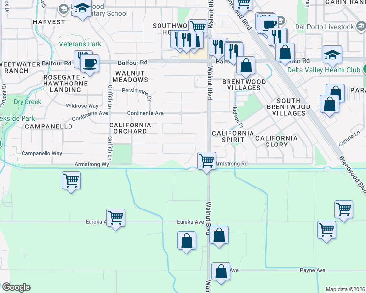 map of restaurants, bars, coffee shops, grocery stores, and more near 3101 Walnut Boulevard in Brentwood